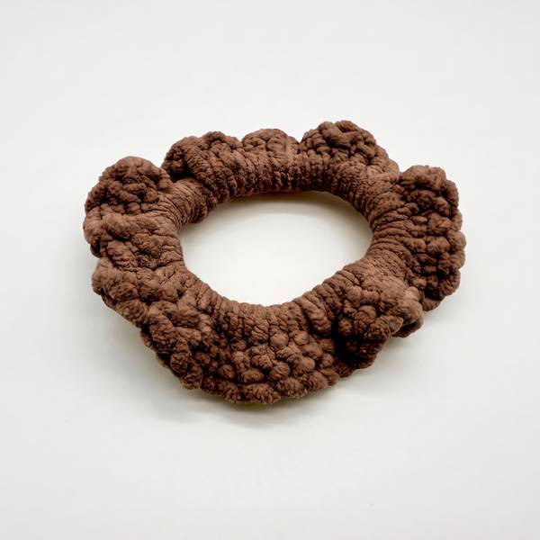 Chenille crocheted scrunchie laid flat